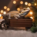 A happy bearded dragon in a tiny Christmas wagon, pulled by other reptiles5