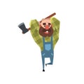 Happy bearded lumberjack working with axe. Cartoon bald man in green checkered shirt and blue coveralls. Funny Royalty Free Stock Photo