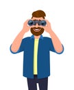 Happy bearded man in casual wear looking through binoculars. Person holding a binocular in hands. Male character design.