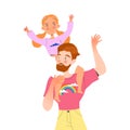 Happy Bearded Man Dad with Daughter Sitting on His Shoulders Waving Hands Vector Illustration