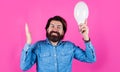 Happy bearded man with light bulb. I have idea. Birth of ideas. Male with lamp. Royalty Free Stock Photo