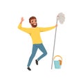 Happy bearded man with mop in hand, bucket and protective gloves. House husband. Cartoon flat vector illustration