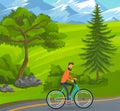 Happy bearded man riding bicycle on road near green trees, hills at snowy mountains background Royalty Free Stock Photo