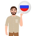 Happy bearded man says or thinks about the country Russia, European country icon, traveler or tourist