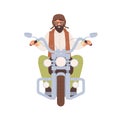 Happy bearded man sitting on naked bike in retro style. Front view of biker traveling on motorcycle. Colored flat vector