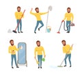 Happy Bearded Man in Yellow Sweater Vacuum Cleaning, Sweeping Floor, Mopping and Wiping Mirror Vector Set