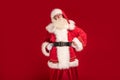 Happy bearded Santa Claus smiling to the camera, posing on red studio background. Merry Christmas and Happy New Year! A lot of Royalty Free Stock Photo