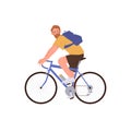 Happy bearded sportive adult man character riding bicycle enjoying active healthy lifestyle