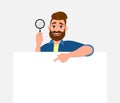 Happy bearded young man showing/holding magnifying glass and blank/empty poster, paper or sheet in hand. Search, find, discovery.