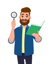 Happy bearded young man showing/holding magnifying glass and book/report/diary/note. Search, find, discovery, analyze, inspect,