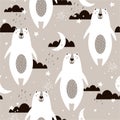 Seamless pattern with happy bears, moon, stars. Decorative cute background with animals, night sky