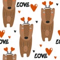 Colorful seamless pattern, happy bears, hearts. Decorative cute background, funny animals. Love