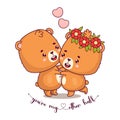 Happy bears in love. Romantic couple bear boy and teddy bear girl with flower wreath. Cute animals kawaii characters Royalty Free Stock Photo