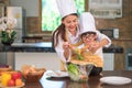 Happy beautiful Asian woman and cute little boy with eyeglasses prepare to cooking in kitchen at home. People lifestyles and