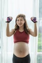 Happy Beautiful Attractive Pregnant Asian Woman standing near windows and workout exercising with dumbbell smile with big belly Royalty Free Stock Photo