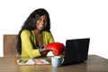 Happy beautiful black afro American woman in boxing gloves smiling cheerful working at office computer desk posing as successful e Royalty Free Stock Photo