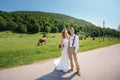 Happy beautiful bride and groom walking on field in sunlight Royalty Free Stock Photo