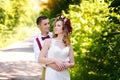 Happy beautiful bride and groom walking on field in sunlight Royalty Free Stock Photo