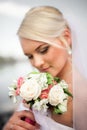 Happy and beautiful bride tender at spring outdoors at the beach Royalty Free Stock Photo