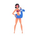 Happy Beautiful Brunette Woman in Bikini Standing with Inflatable Rubber Ring Cartoon Style Vector Illustration on White Royalty Free Stock Photo