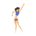 Happy Beautiful Brunette Woman in Blue Bikini Dancing at Swimming Pool Party Cartoon Style Vector Illustration on White Royalty Free Stock Photo