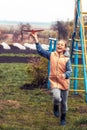 Happy beautiful child girl running with toy airplane looking with inspiration happy childhood lifestyle Royalty Free Stock Photo