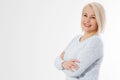 Happy beautiful close up portrait middle age blonde woman. Mid aged healthy female isolated on white background with copy space.