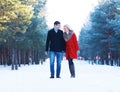 Happy beautiful couple walking together in winter Royalty Free Stock Photo