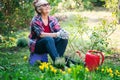Happy beautiful senior woman 60 years old working in her garden planting flowers Royalty Free Stock Photo
