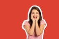 Happy beautiful girl holding her cheeks with a laugh looking to the side. Expressive facial expressions. emotional girl Magazine Royalty Free Stock Photo