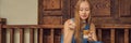 Happy beautiful girl sitting on stairs in park and drinking ice coffee BANNER, LONG FORMAT Royalty Free Stock Photo