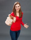 Happy beautiful girl for successful emphasis or cheerful accusation Royalty Free Stock Photo