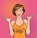 Happy beautiful girl or young woman. Pop art retro comic style. Cartoon vector illustration