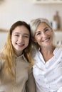 Happy beautiful grandmother and cute teen girl home vertical portrait Royalty Free Stock Photo