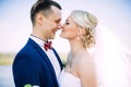 happy and beautiful groom and bride tender kiss at spring outdoors at the beach of the river under blue sky Royalty Free Stock Photo