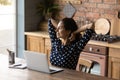 Happy beautiful millennial woman enjoying break pause time. Royalty Free Stock Photo