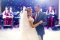 Happy beautiful newlyweds dance in restaurant