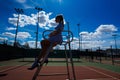 Happy beautiful sexy girl playing tennis on the court. Sport and recreation, leisure Royalty Free Stock Photo