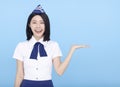 Happy Beautiful stewardess showing something on blue background Royalty Free Stock Photo