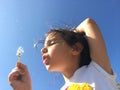 A little girl blowing dandelion seeds. Royalty Free Stock Photo