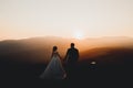 Happy beautiful wedding couple bride and groom at wedding day outdoors on the mountains rock. Happy marriage couple Royalty Free Stock Photo