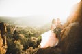 Happy beautiful wedding couple bride and groom at wedding day outdoors on the mountains rock. Happy marriage couple Royalty Free Stock Photo
