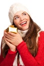 Happy beautiful woman holding Christmas present Royalty Free Stock Photo