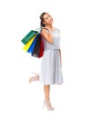 Happy beautiful woman holding many colorful shopping bags Royalty Free Stock Photo