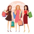 Happy beautiful women with shopping. Three ladys with shopping bags walking on street. Big Sale.