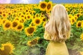 A happy, beautiful young girl in a yellow dress is standing in a large field of sunflowers. Summer time. Back view Royalty Free Stock Photo