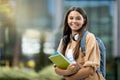 Happy beautiful young lady going to college, posing at campus Royalty Free Stock Photo