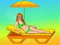 Happy beautiful young woman on the beach pop art style raster illustration. Sunbathing on beach, on a sunbed at the sea. Royalty Free Stock Photo