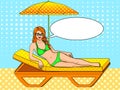 Happy beautiful young woman on the beach pop art style vector illustration. Sunbathing on beach, on sunbed at sea. Text Royalty Free Stock Photo