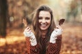 Happy beautiful woman have fun in the forest autumn Royalty Free Stock Photo